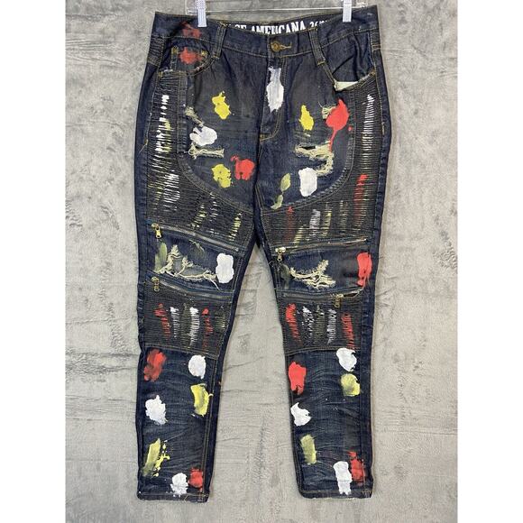 Vintage Americana Jeans Mens 36x33 Distressed Painted Double Knee Zipper Accents - Picture 1 of 16